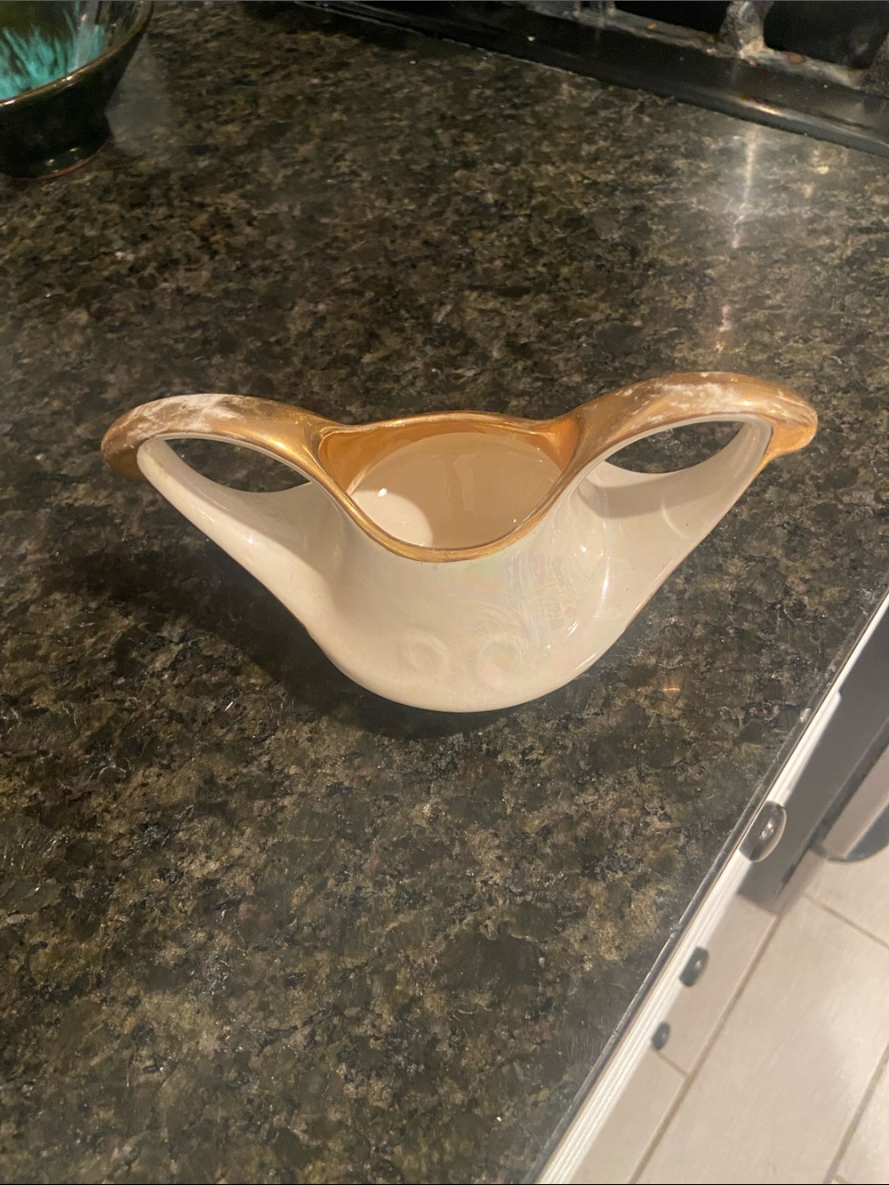 Vintage Double-Handled Cream & Gold Porcelain Bowl